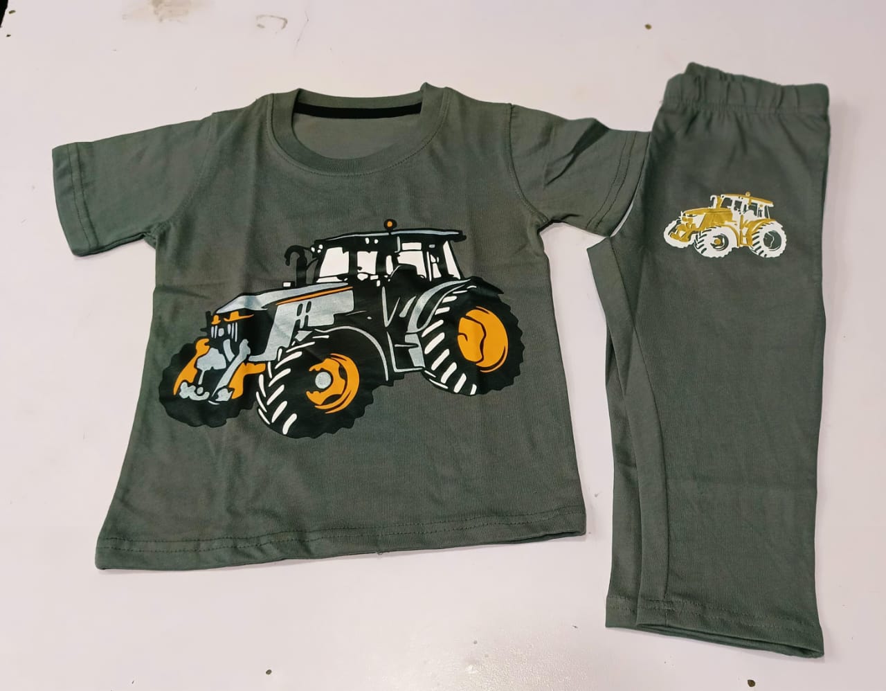 Boys Olive Green Tractor Printed Co-Ord Set - Premium Jersey Cotton Outfit