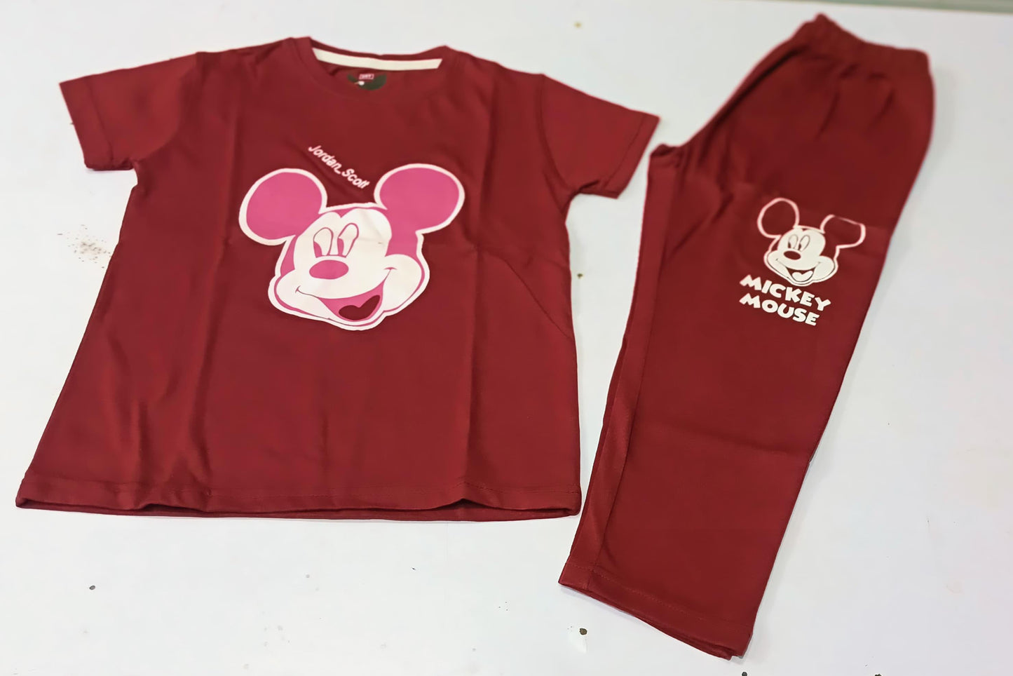 Boys Maroon Mickey Mouse Printed Summer Co-Ord Set - Premium Jersey Cotton