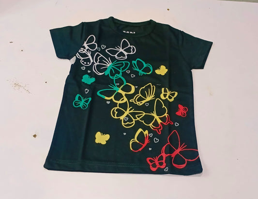 Girls Forest Green "Butterfly Garden" Printed T-Shirt - Premium JerseyBring a touch of nature to your little girl's summer wardrobe with this charming forest green printed t-shirt. This shirt showcases a vibrant, multi-colored butterflStitchedFunWearGirls Forest Green