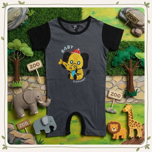 Baby Grey & Black "Baby Elephant" Romper - Premium Jersey CottonKeep your little one comfortable and cute all summer long with this charming "Baby Elephant" printed romper. This outfit features a soft grey and black color-blockedStitchedFunWearBaby Elephant Romper