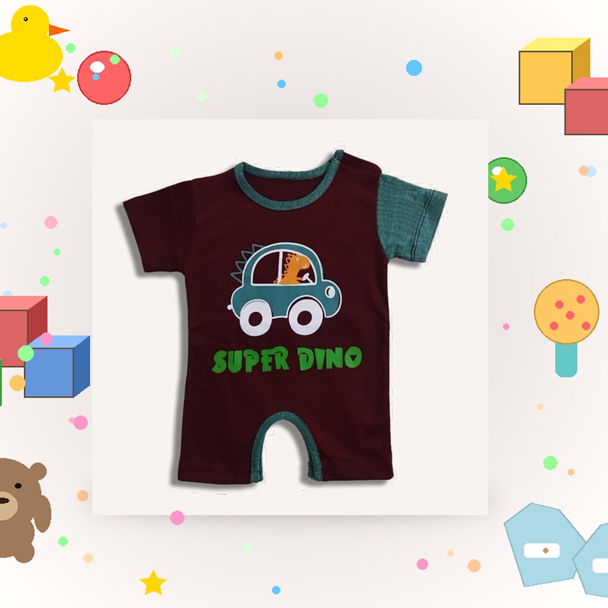 Baby Maroon & Green "Super Dino" Printed Romper - Premium Jersey Cotton