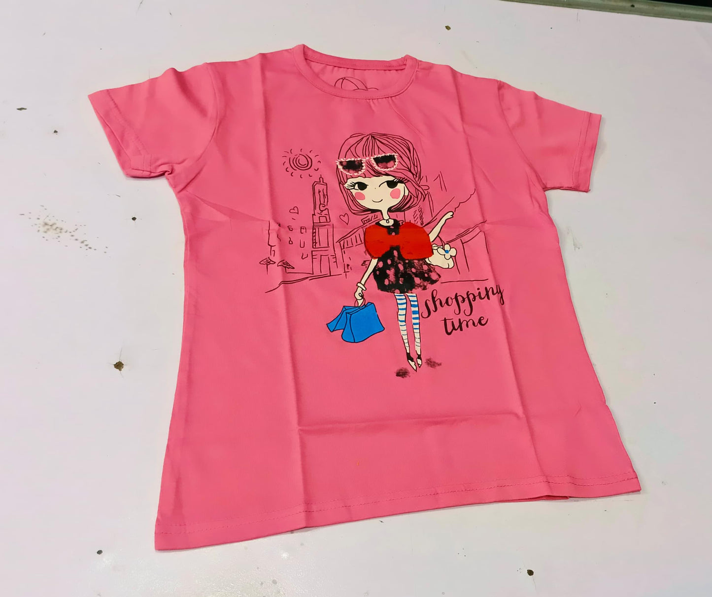 Girls Pink "Shopping Time" Graphic T-Shirt - Premium Jersey Cotton