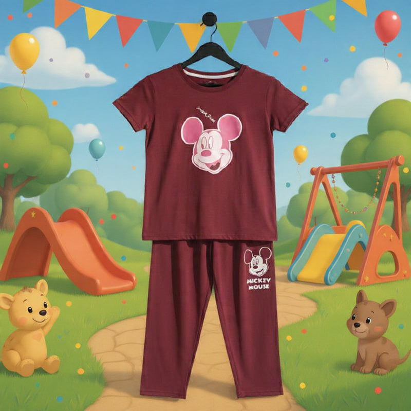 Unisex Kids Disney Mickey Mouse Graphic T-Shirt & Pyjama Set - Maroon