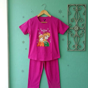 Girls Disney Frozen Elsa & Anna Printed T-Shirt & Pyjama Nightwear Set - Magenta Pink
