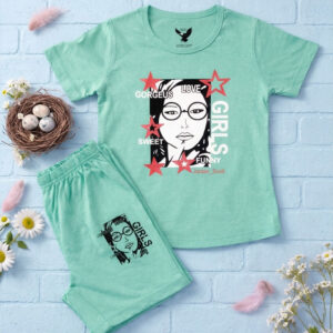 Girls 2-Piece Graphic Portrait Print T-Shirt & Shorts Set - Mint Green