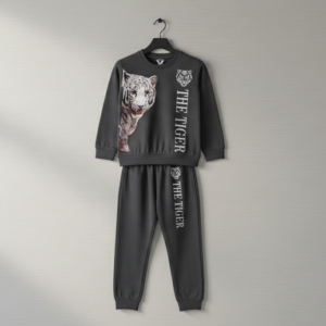 Kids Unisex 2-Piece Fleece Tiger Graphic Sweatshirt & Trousers Tracksuit Set - Dark Charcoal Grey