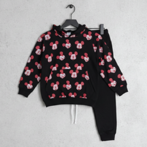 Kids Unisex 2-Piece Fleece Mickey Mouse All-Over Print Hoodie & Trousers Tracksuit Set - Black