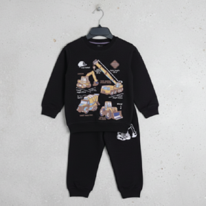 Kids Unisex 2-Piece Fleece Construction Trucks & Crane Graphic Sweatshirt & Trousers Tracksuit Set - Black