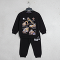 Kids Unisex 2-Piece Fleece Construction Trucks & Crane Graphic Sweatshirt & Trousers Tracksuit Set - Black