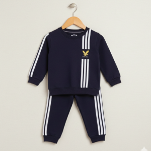Kids Unisex 2-Piece Fleece Striped Sweatshirt & Trousers Tracksuit Set - Navy Blue