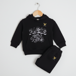 Kids Unisex 2-Piece Fleece Paris Graphic Hoodie & Trousers Tracksuit Set - Black