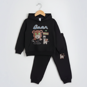 Kids Unisex 2-Piece Fleece Bear & Friends Graphic Hoodie & Trousers Tracksuit Set - Black
