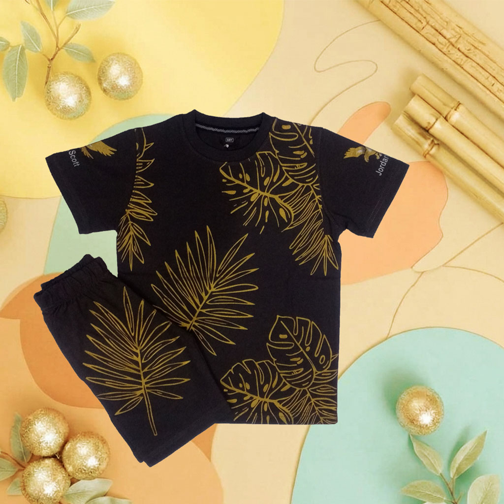 Boys 2-Piece Tropical Palm Print Cotton T-Shirt & Shorts Set - Black & Gold