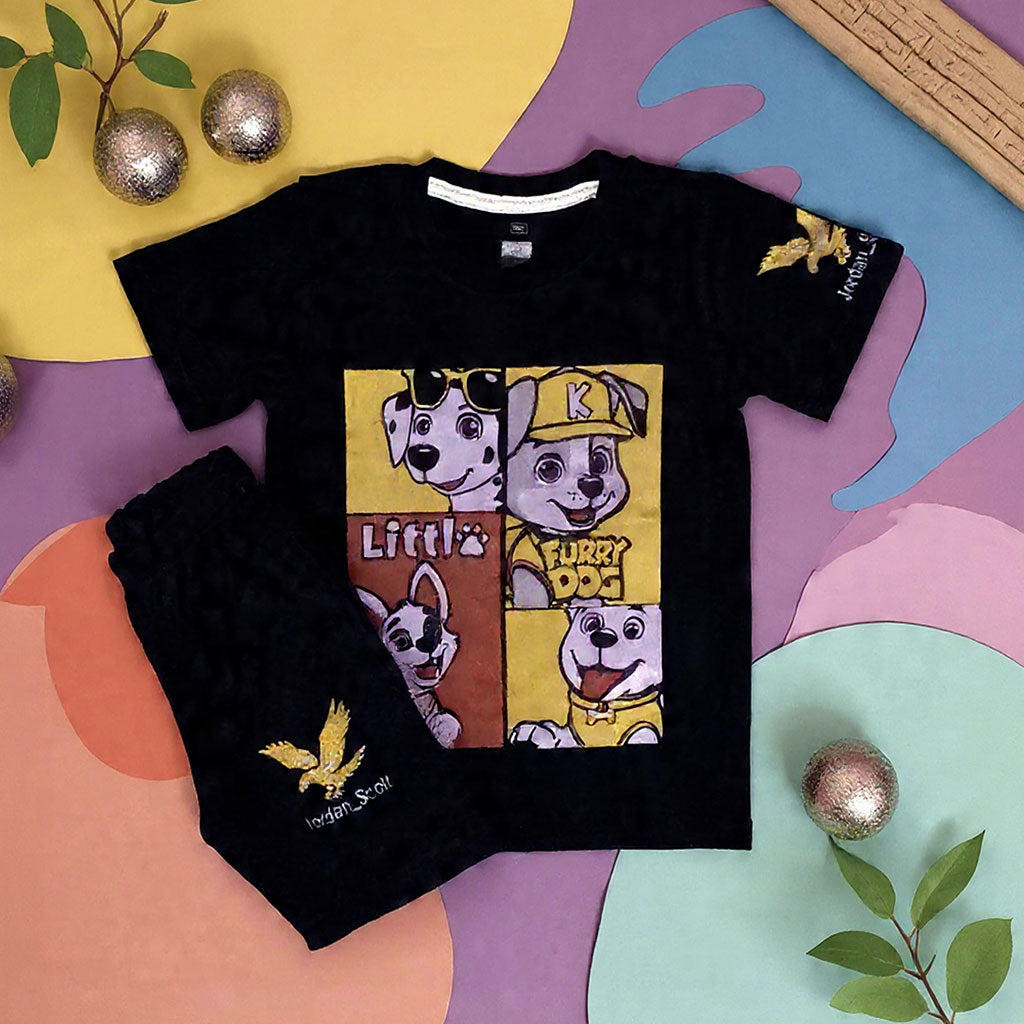 Boys 2-Piece Cute Puppies Printed T-Shirt & Shorts Set - Black