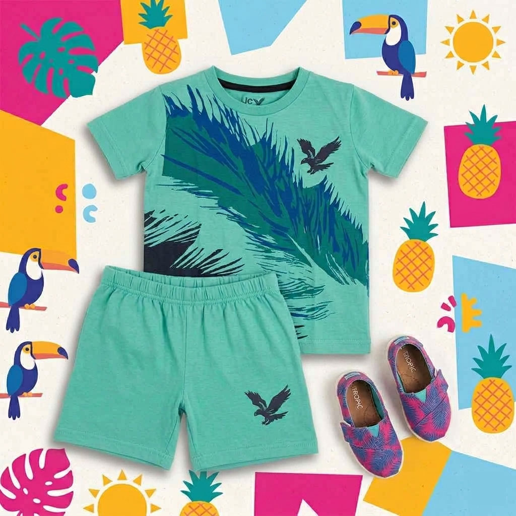 Boys 2-Piece Tropical Leaf Print Cotton T-Shirt & Shorts Set - Mint Green