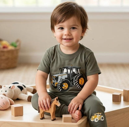 Boys Olive Green Tractor Printed Co-Ord Set - Premium Jersey Cotton Outfit