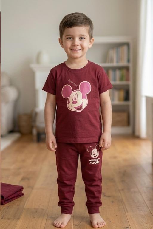 Boys Maroon Mickey Mouse Printed Summer Co-Ord Set - Premium Jersey Cotton