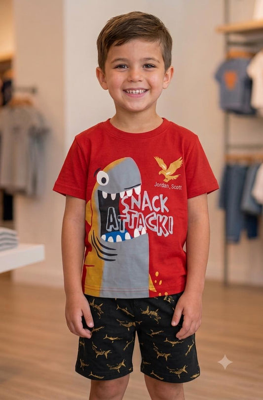 Boys Red "Snack Attack" Shark Printed Summer Co-ord Set - Premium Jersey Cotton