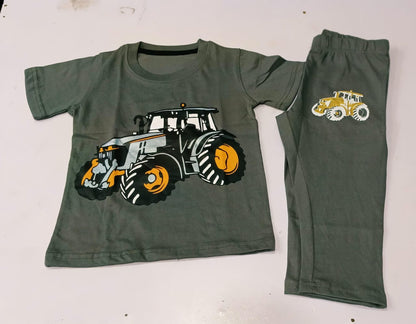 Boys Olive Green Tractor Printed Co-Ord Set - Premium Jersey Cotton Outfit