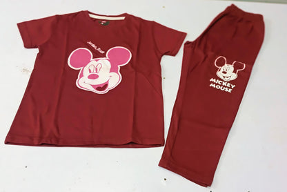 Boys Maroon Mickey Mouse Printed Summer Co-Ord Set - Premium Jersey Cotton