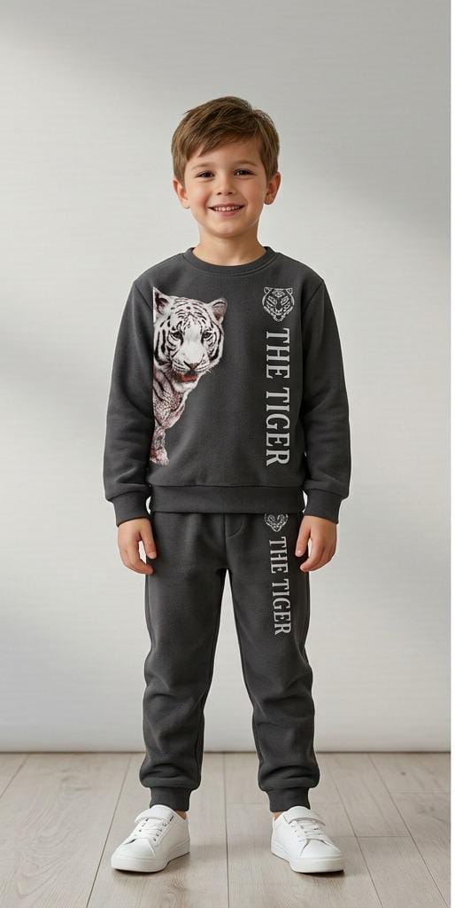 Kids Unisex 2-Piece Fleece Tiger Graphic Sweatshirt & Trousers Tracksuit Set - Dark Charcoal Grey