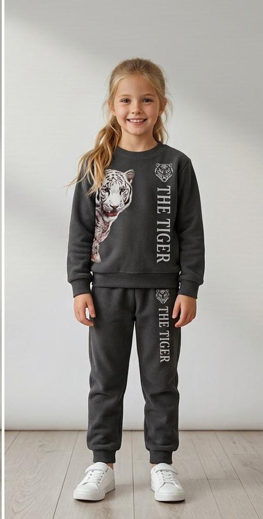 Kids Unisex 2-Piece Fleece Tiger Graphic Sweatshirt & Trousers Tracksuit Set - Dark Charcoal Grey