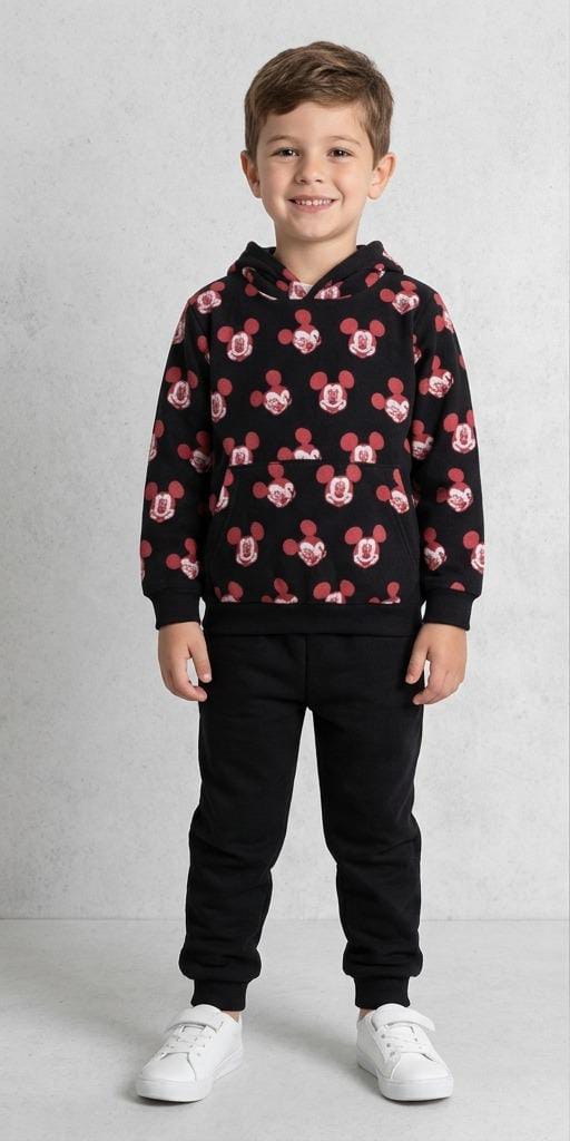 Kids Unisex 2-Piece Fleece Mickey Mouse All-Over Print Hoodie & Trousers Tracksuit Set - Black