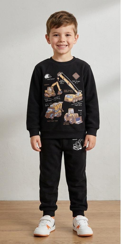 Kids Unisex 2-Piece Fleece Construction Trucks & Crane Graphic Sweatshirt & Trousers Tracksuit Set - Black