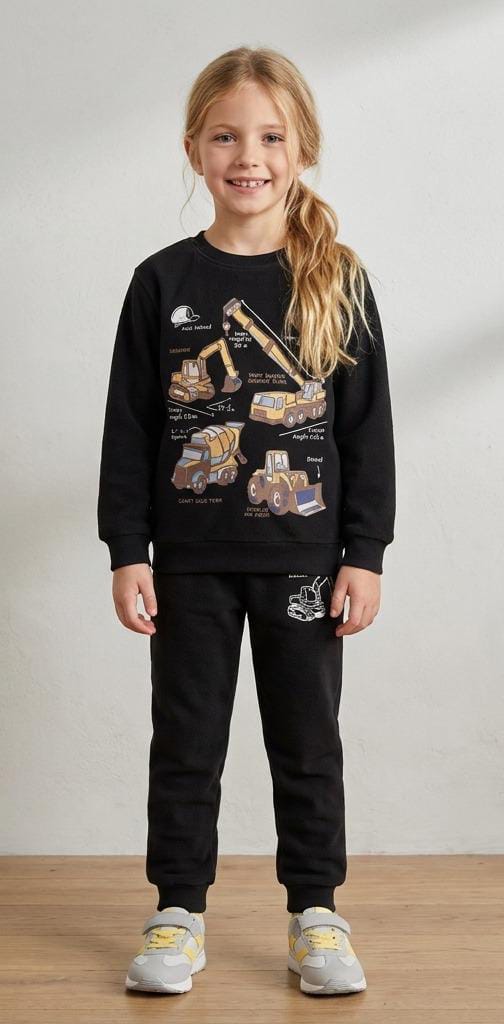 Kids Unisex 2-Piece Fleece Construction Trucks & Crane Graphic Sweatshirt & Trousers Tracksuit Set - Black