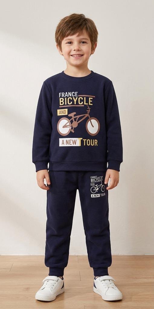 Kids Unisex 2-Piece Fleece France Bicycle Printed Sweatshirt & Trousers Tracksuit Set - Navy Blue