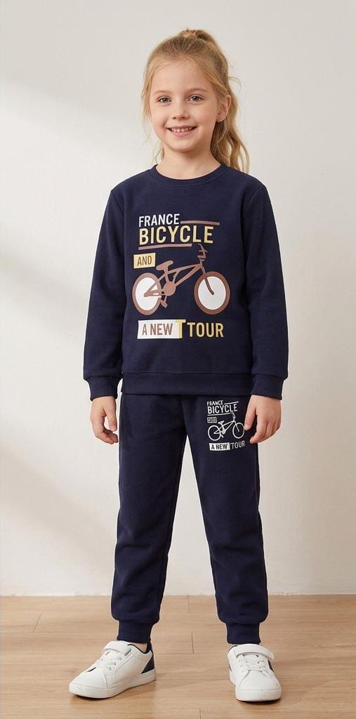 Kids Unisex 2-Piece Fleece France Bicycle Printed Sweatshirt & Trousers Tracksuit Set - Navy Blue