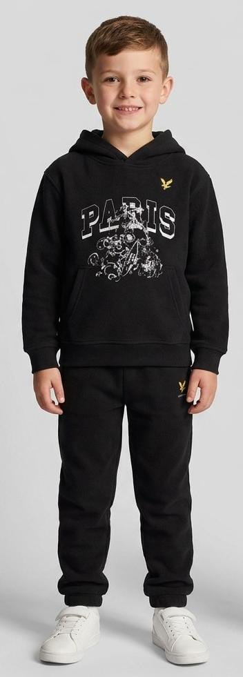 Kids Unisex 2-Piece Fleece Paris Graphic Hoodie & Trousers Tracksuit Set - Black