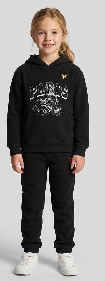 Kids Unisex 2-Piece Fleece Paris Graphic Hoodie & Trousers Tracksuit Set - Black