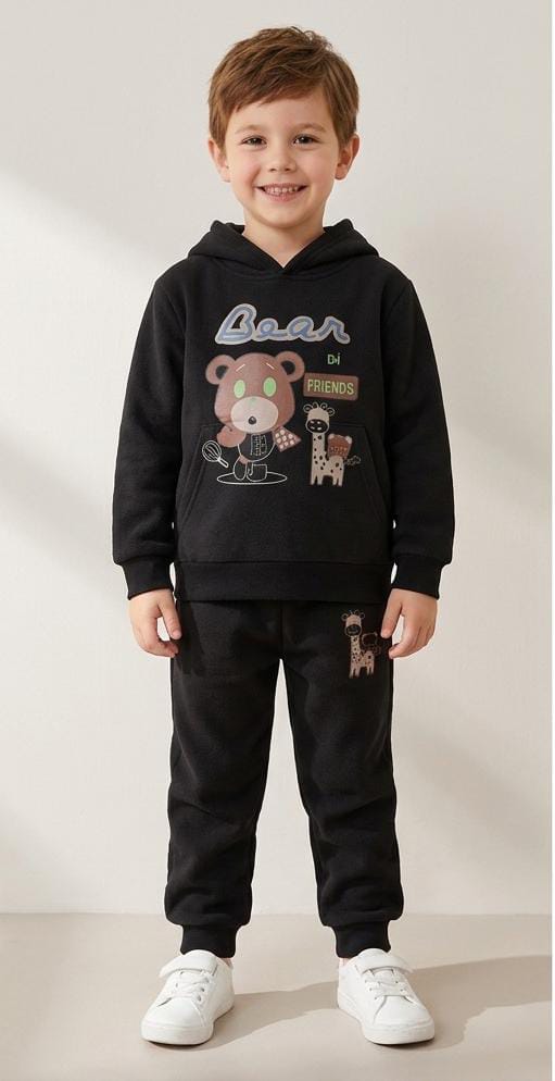 Kids Unisex 2-Piece Fleece Bear & Friends Graphic Hoodie & Trousers Tracksuit Set - Black