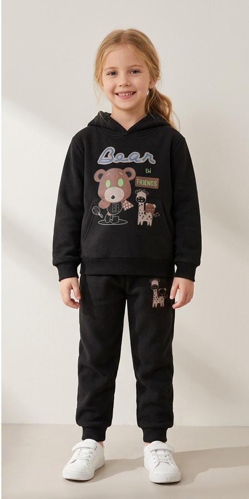 Kids Unisex 2-Piece Fleece Bear & Friends Graphic Hoodie & Trousers Tracksuit Set - Black