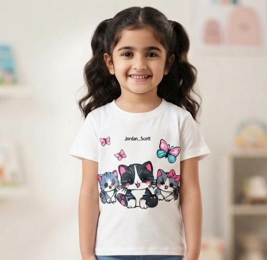 Kids' Playful Kittens & Butterflies Graphic Tee – 100% Jersey Cotton