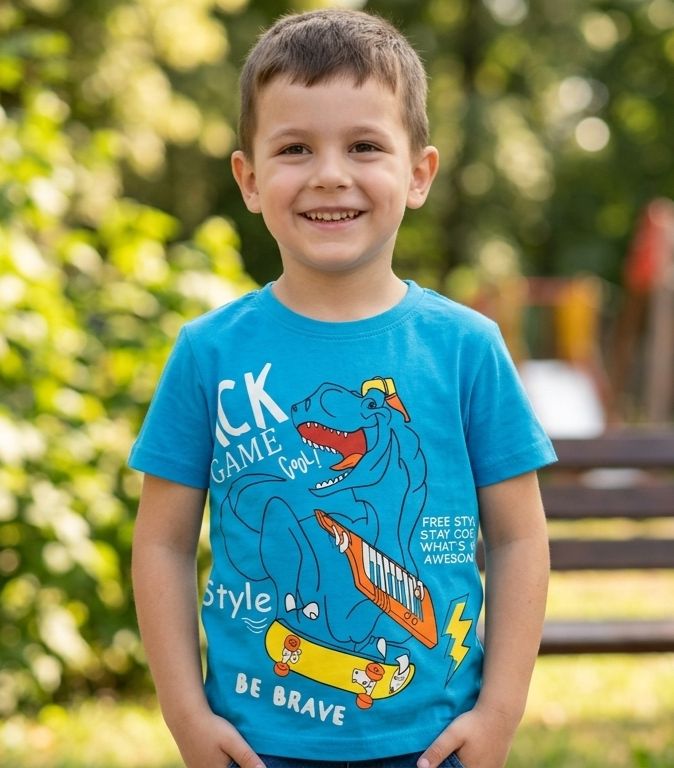 Kids "Be Brave" Dinosaur Skateboard Graphic T-Shirt – Vibrant Blue