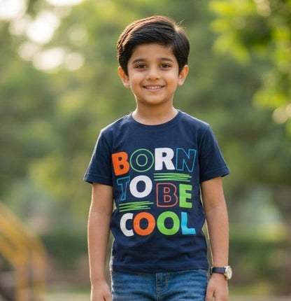 Boys Navy Blue "Born To Be Cool" Graphic T-Shirt - Premium Jersey Cotton