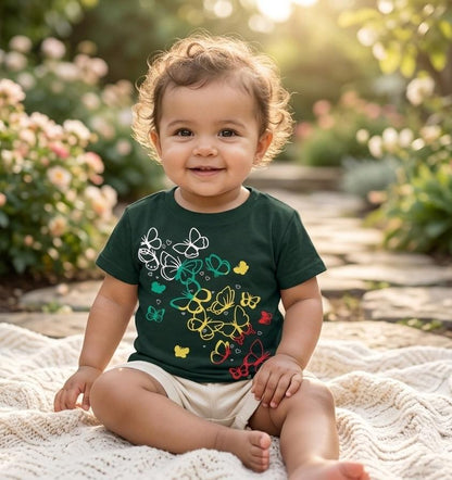 Girls Forest Green "Butterfly Garden" Printed T-Shirt - Premium Jersey Cotton