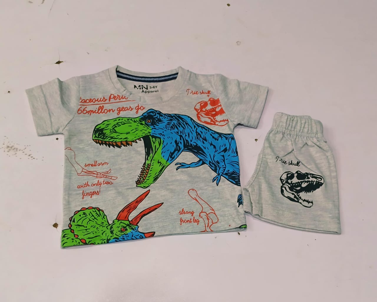 Boys Light Grey Dinosaur Printed Summer Co-ord Set - Premium Jersey Cotton