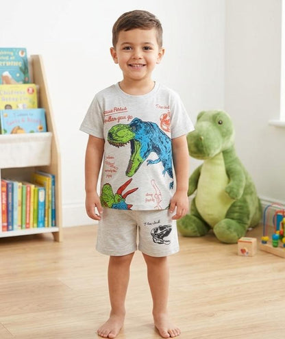 Boys Light Grey Dinosaur Printed Summer Co-ord Set - Premium Jersey Cotton