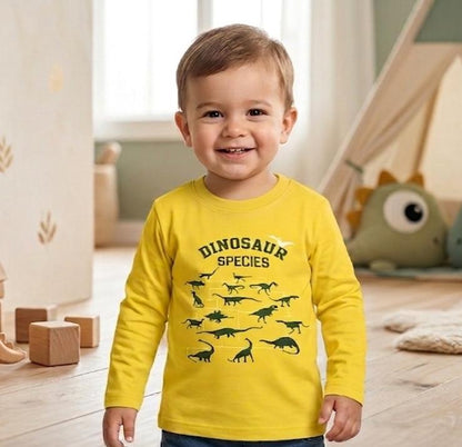 Boys Yellow "Dinosaur Species" Printed Long-Sleeve T-Shirt - Premium Jersey Cotton