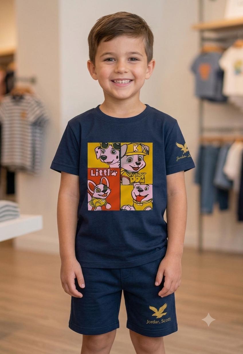 Boys Navy Blue Cartoon Dog Printed Summer Co-ord Set - Premium Jersey Cotton