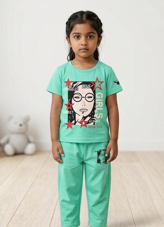 Girls Mint Green Graphic Printed Summer Co-ord Set - Premium Jersey Cotton