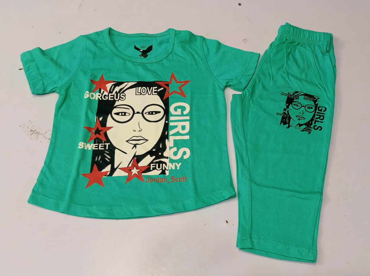 Girls Mint Green Graphic Printed Summer Co-ord Set - Premium Jersey Cotton