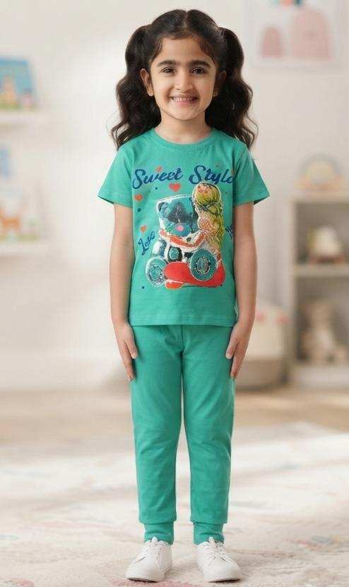 Girls "Sweet Style" Teddy Bear 2-Piece T-Shirt & Trousers Set – 100% Premium Cotton Jersey (Teal Green)