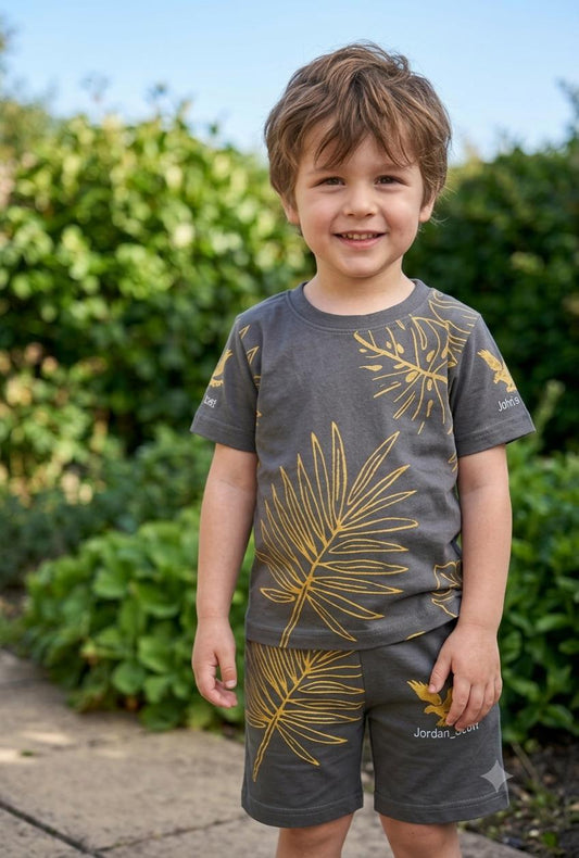 Boys Grey Tropical Leaf Printed Summer Co-ord Set - Premium Jersey Cotton