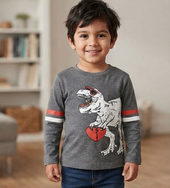Boys Grey "Cool Dinosaur" Graphic Long-Sleeve T-Shirt - Premium Summer Wear