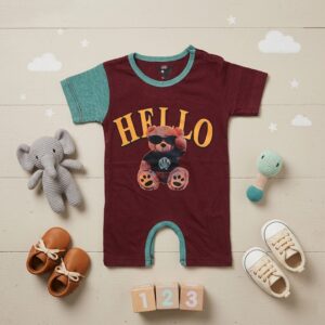 Baby Boys & Girls Cool Teddy Bear Printed Cotton Romper / Bodysuit - Maroon & Teal
