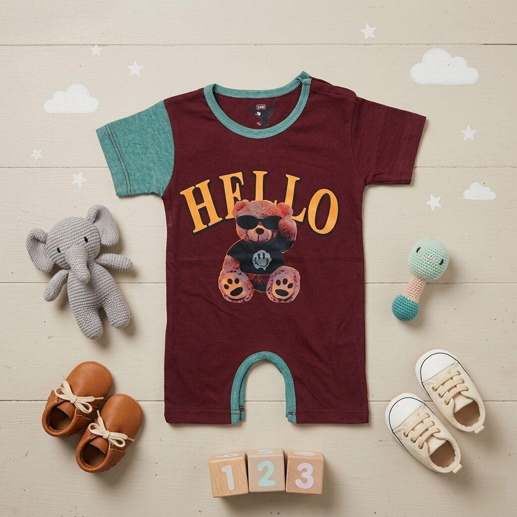 Boys Maroon & Mint Green "Hello" Teddy Bear Printed Romper - Premium Jersey Cotton